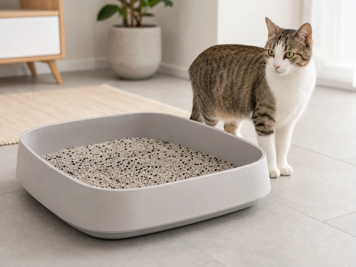 Aktif karbon granülleri katkılı kedi kumu ve kumun yanında duran tekir kedi