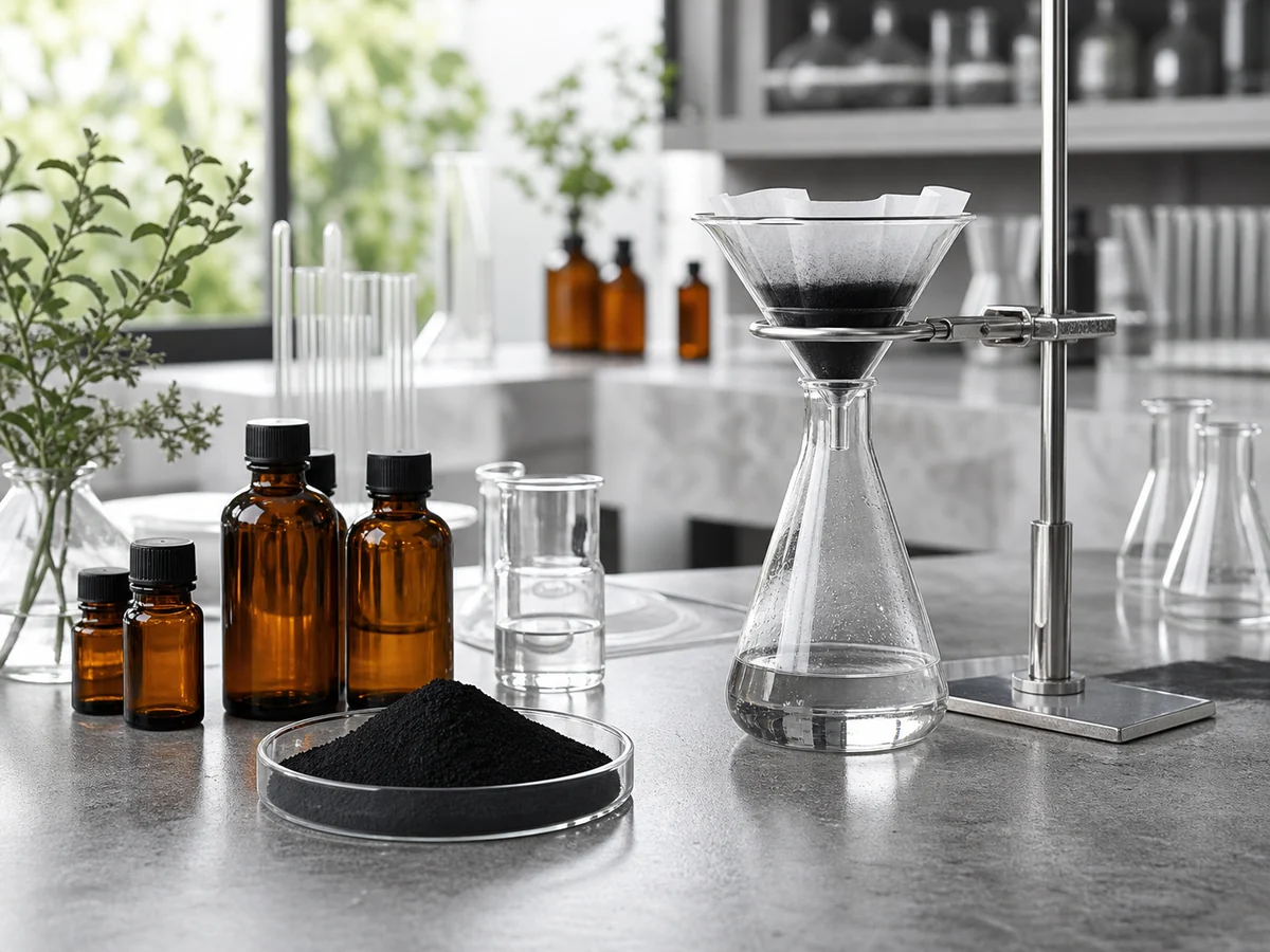 Kozmetik laboratuvarında amber şişeler ve toz aktif karbonla filtrasyon düzeneği